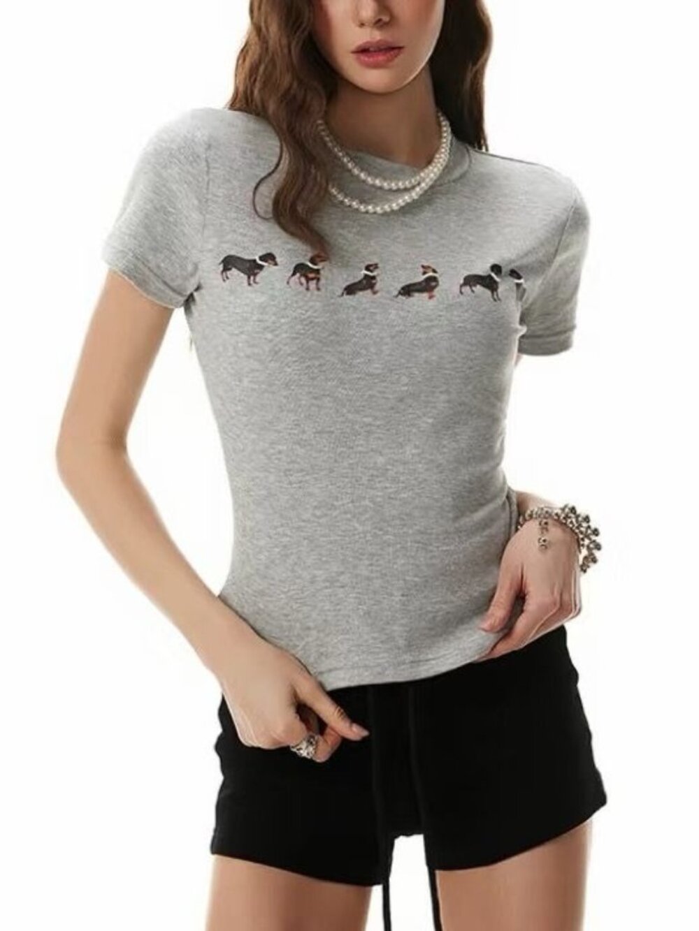 Gray Dachshund Dog Print Fitted T-Shirt S-M